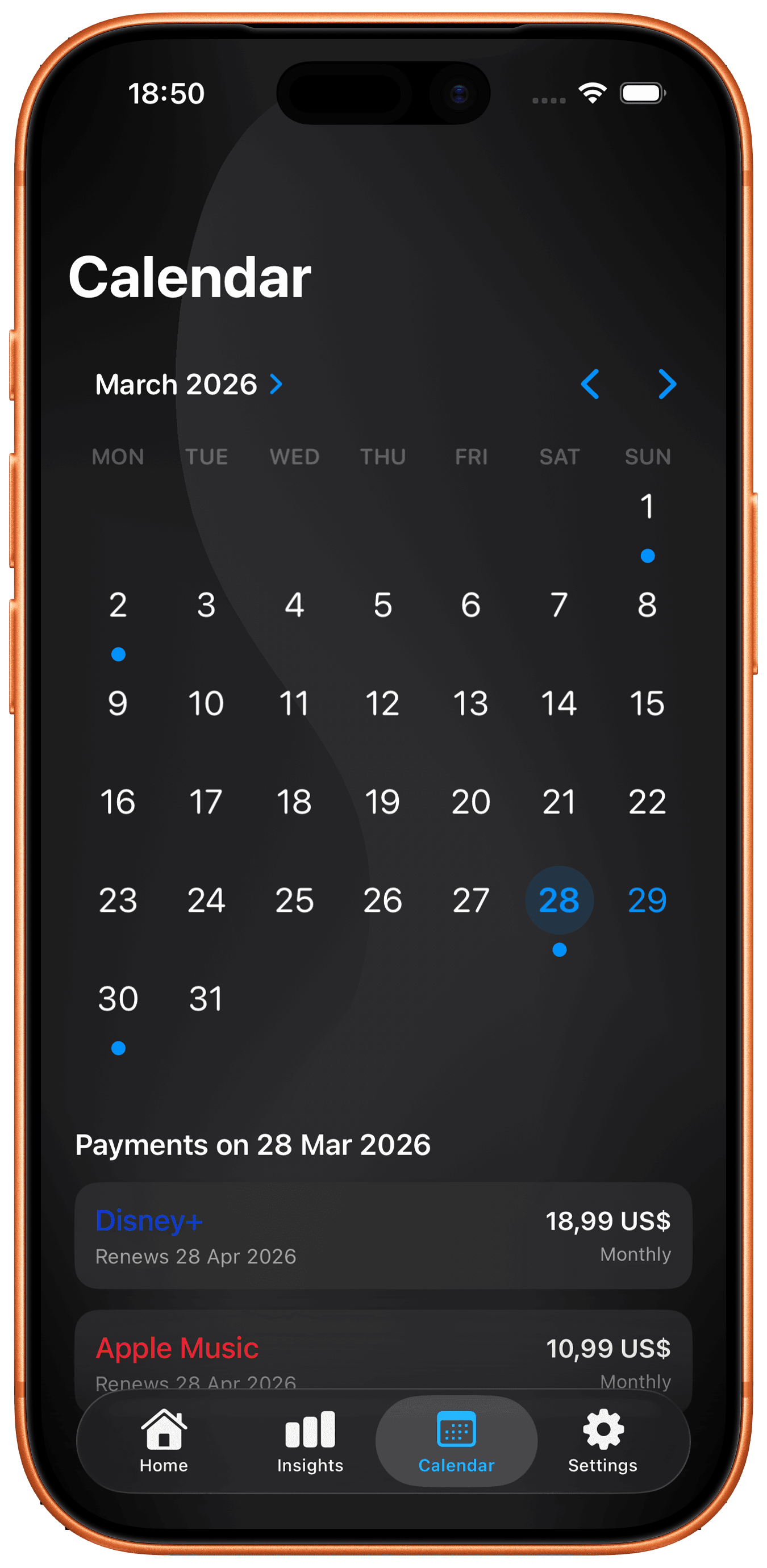 Calendar view for upcoming payments in Loopro app